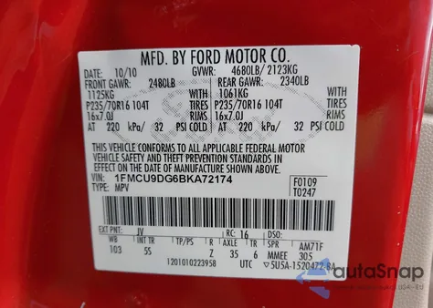 2011 Ford Escape Xlt из США, поврежденный, VIN 1FMCU9DG6BKA72174